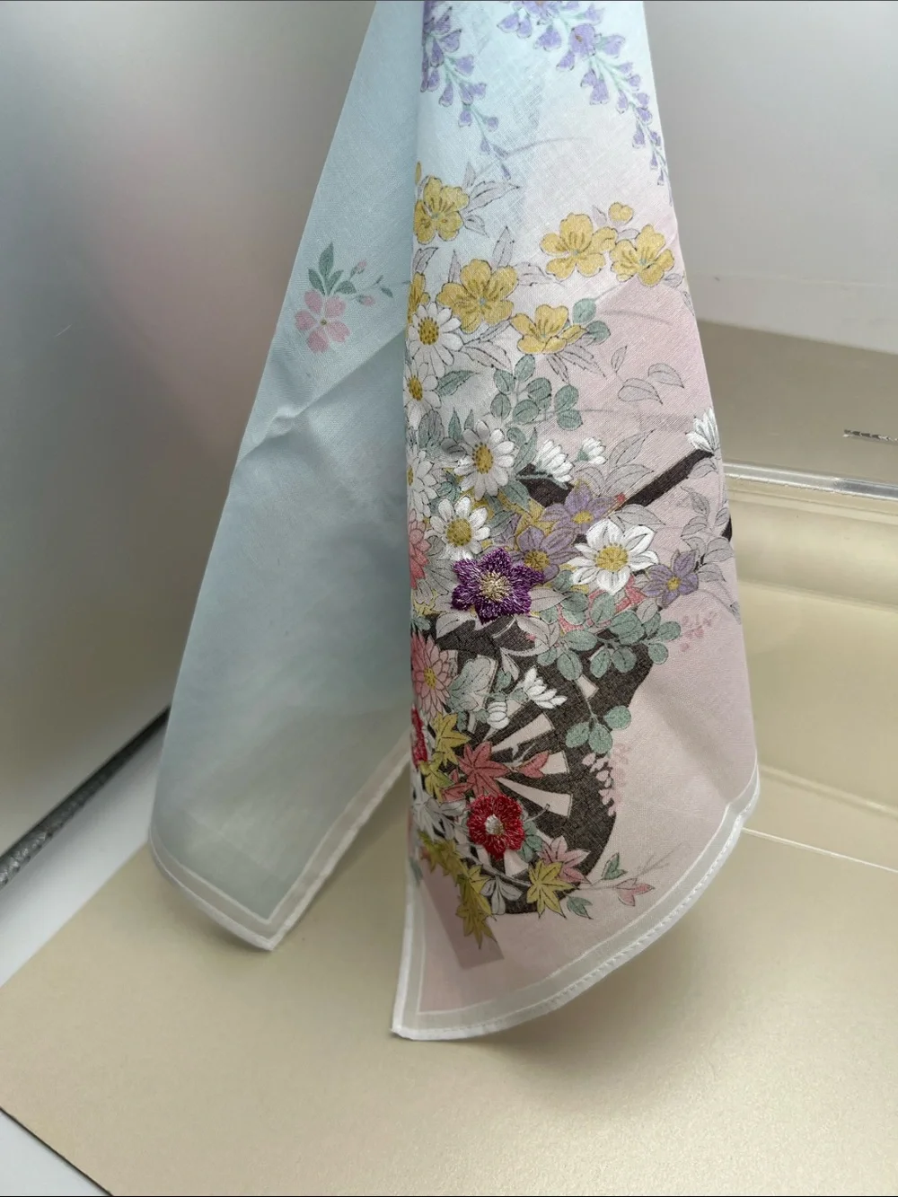 Scarf/Handkerchief Japan Festival Float Embroidered Cotton Pink/Light Blue NWT